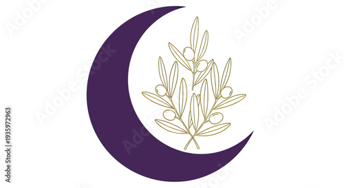 Purple Crescent Moon with Golden Olive Branch and Olives - Symbol of Peace and Culture
