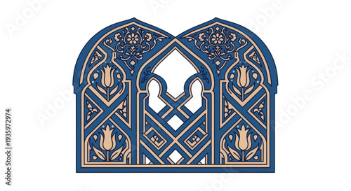Intricate Blue and Beige Islamic Geometric Pattern with Floral Motifs