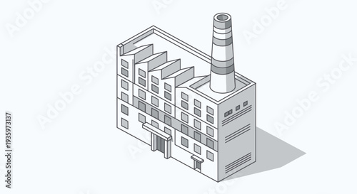 Isometric Drawing of a Factory Building with Tall Chimney.