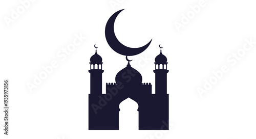 Islamic Mosque Silhouette with Crescent Moon and Star, Ramadan Kareem Concept