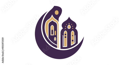 Islamic Crescent Moon with Mosque Silhouette