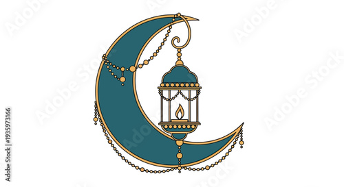 Ramadan lantern hanging on crescent moon, Islamic holiday celebration, teal and gold
