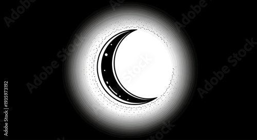 Crescent moon with glowing halo and starry accents against dark background