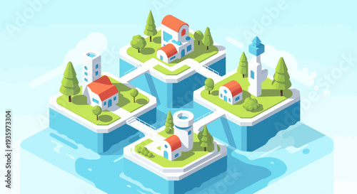 Isometric illustration of a connected island village with houses and trees.