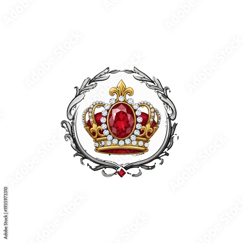 Luxurious crown emblem with red gemstones and ornate details.