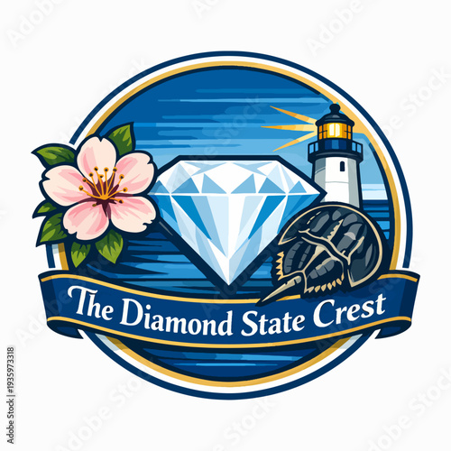 Elegant The Diamond State Crest logo with lighthouse, diamond, and flower, symbolizing brilliance, beauty, purity, and the shining coastal spirit that defines Delaware’s enduring charm