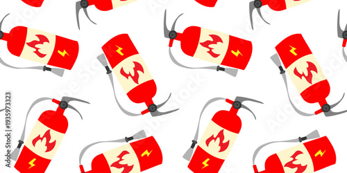 seamless pattern with red fire extinguishers for fire safety protection and emergency prevention equipment
