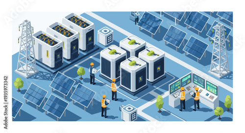 Isometric illustration of a modern solar power plant with battery storage and engineers.