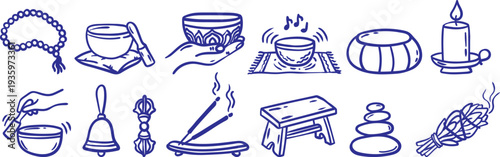 hand drawn meditation and mindfulness elements set featuring singing bowls incense sticks zen stones prayer beads and candle