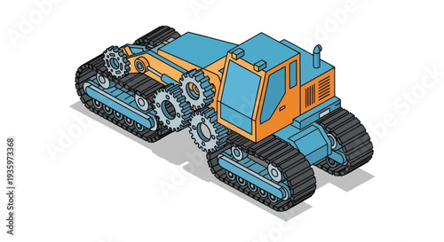 Isometric illustration of a tracked vehicle with a cabin and orange and blue colors.