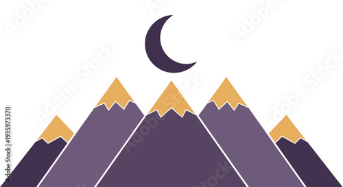 Stylized purple mountains under a dark crescent moon, minimalist landscape