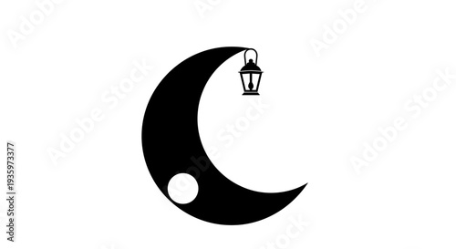 Crescent moon with lantern and star, black and white graphic icon