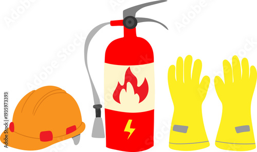 hand drawn occupational safety equipment set with fire extinguisher hard hat and protective gloves for industrial health icons