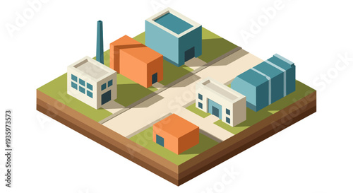 Isometric Industrial Cityscape with Factories and Buildings.