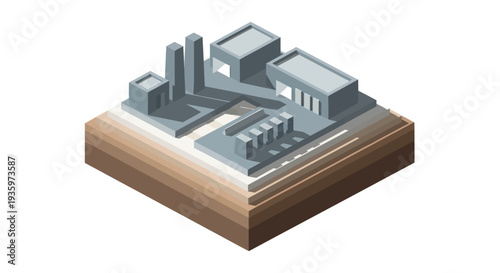 Isometric industrial complex with factories and buildings on a land block.