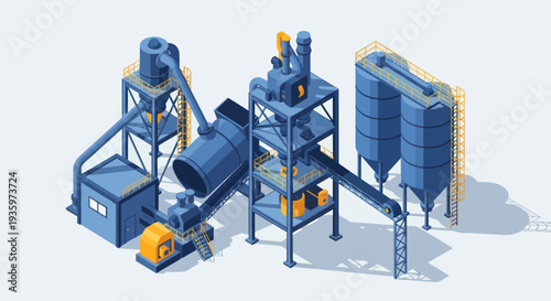 Isometric Industrial Concrete Mixing Plant with Silos and Conveyors.