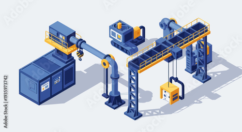 Isometric Industrial Construction Site with Heavy Machinery and Cranes.