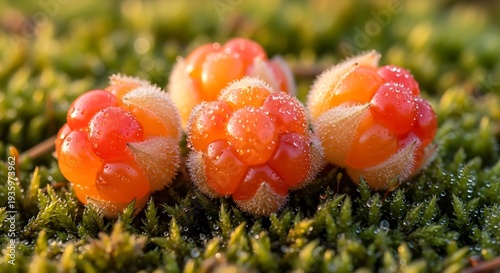 Extreme macro of rare cloudberry fruit cluster on moss, golden amber berries with fine hairs, Nordic wetland feel
