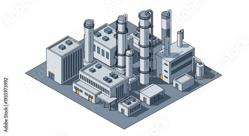 Isometric Industrial Factory Building Complex with Multiple Structures and Chimneys.