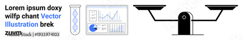 DNA structure, data analytics dashboard, and balance scale signify scientific research, data analysis, and ethical balance. Ideal for biotechnology, data science, healthcare, law ethics education