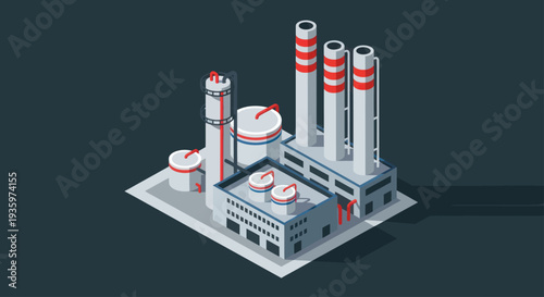 Isometric Industrial Factory Building with Smokestacks and Tanks.