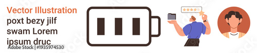 Technology, online interactions, profile management, user feedback, digital identity, energy. Battery icon with three bars, person giving rating and man portrait. Technology and online interactions