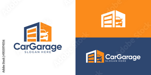 Creative simple car garage logo template. Garage door with car symbol logo design vector illustration.