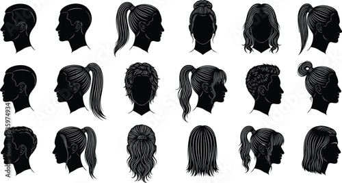 Men and women head silhouette collection with different hairstyles and profiles, human avatar vector illustration isolated design set