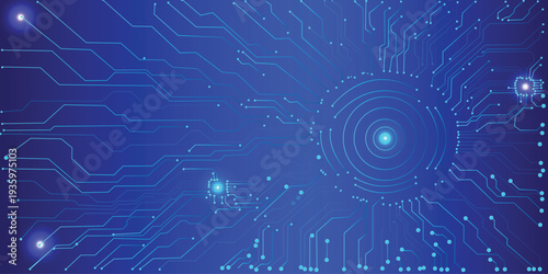Futuristic Blue Circuit Board Background with Glowing Microchip, Digital Target Interface and Neon PCB Network Technology Design