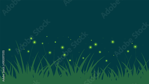 Night-time illustration of a field with glowing green fireflies in dark grass.