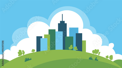 Vector illustration of a modern city skyline on rolling green hills with trees and clouds
