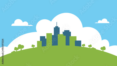 Eco-Friendly City Skyline on a Green Hill with Blue Sky and Clouds