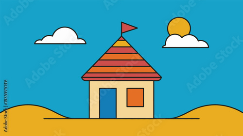 Flat line art illustration of a small house with a flag on a sunny day