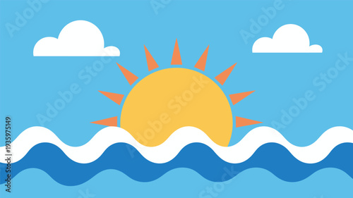 Sun rising over ocean waves with clouds in a blue sky, simple graphic illustration.