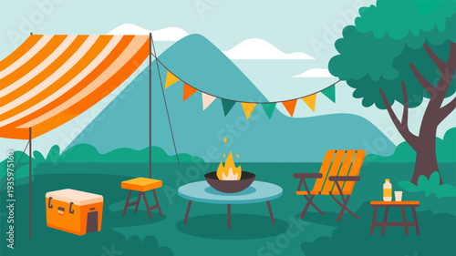 Outdoor camping setup with a striped tent, bonfire, chair, and cooler in a mountain landscape.