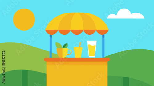 Flat illustration of a lemonade stand with drinks on a counter in a green landscape with hills