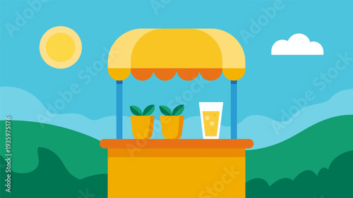 Flat illustration of a yellow juice stand in a green hill landscape under a blue sky with sun