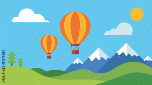 Flat illustration of hot air balloons flying over a mountain landscape with green hills and blue sky
