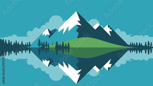 Stylized vector illustration of majestic mountains reflected in a tranquil lake with trees, clouds, and green hills.