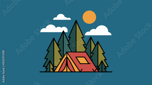 Stylized vector illustration of a camping tent in a pine forest with trees, sun, and clouds.
