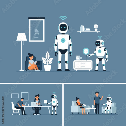 Robots and people interacting in various daily life scenarios.