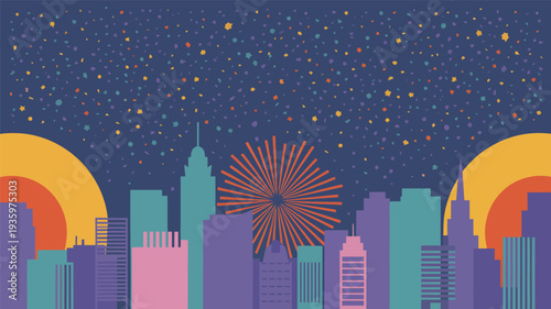 Cityscape with fireworks and stars at night isolated on dark background