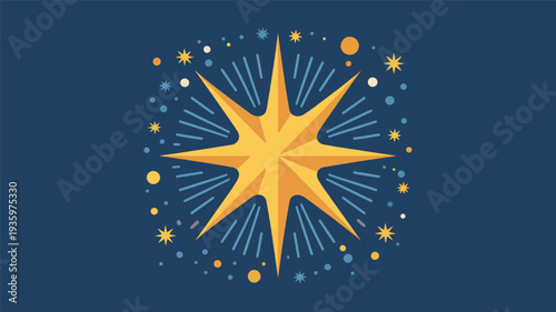 Bright yellow shining star with sparkles and light rays on a dark blue background