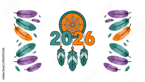 Dreamcatcher with 2026 number and ship's wheel surrounded by feathers, isolated on white background