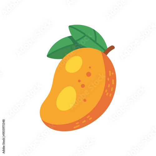 Cartoon style mango fruit with green leaves, isolated on white background