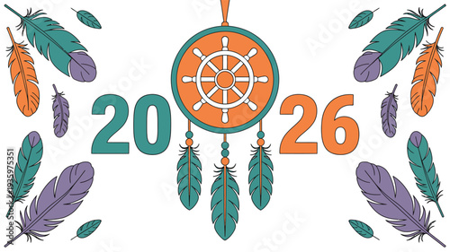 Happy New Year 2026 banner with dreamcatcher and feather isolated on white background
