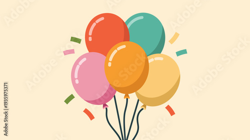 Bunch of colorful party balloons with confetti isolated on white background