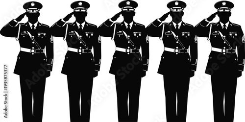 Military officer saluting silhouette collection in formal uniform, army honor gesture vector illustration set isolated patriotic design