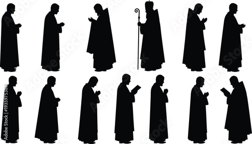 Catholic priest and bishop praying silhouette collection with Bible and staff, religious clergy figures vector illustration isolated set