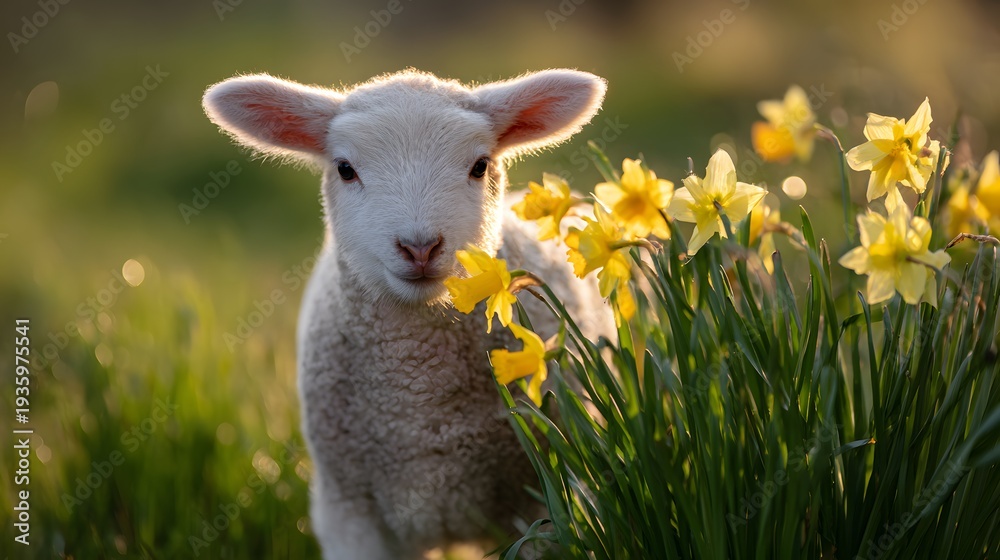 Fototapeta premium A newborn lamb is standing near yellow flowers in a green field